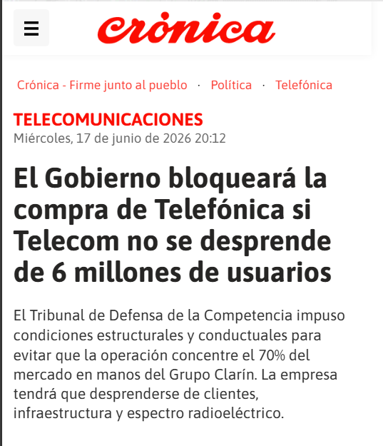 ElTrumpista's tweet photo. VAMOS CARAJO!!

EL GOBIERNO LE ROMPIÓ EL ORTO A CLARÍN, Y VA A BLOQUEAR LA COMPRA DE TELEFÓNICA

Milei acaba de domar al Grupo Clarín que pretendía armar un monopolio y controlar el 70% de las telecomunicaciones

PD: Clarín MIENTE y ahora va atacar a Milei más que nunca por esto https://t.co/iWoqyCBOEN