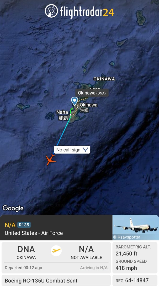 Borrowed7Time's tweet photo. USAF RC-135U Combat Sent 64-14847 #AE01D4 out of Kadena AFB Okinawa, tracking SW.
@sipjack1776 @_shrimpsisbugs @LadyAstroJet https://t.co/hWAgKF256f