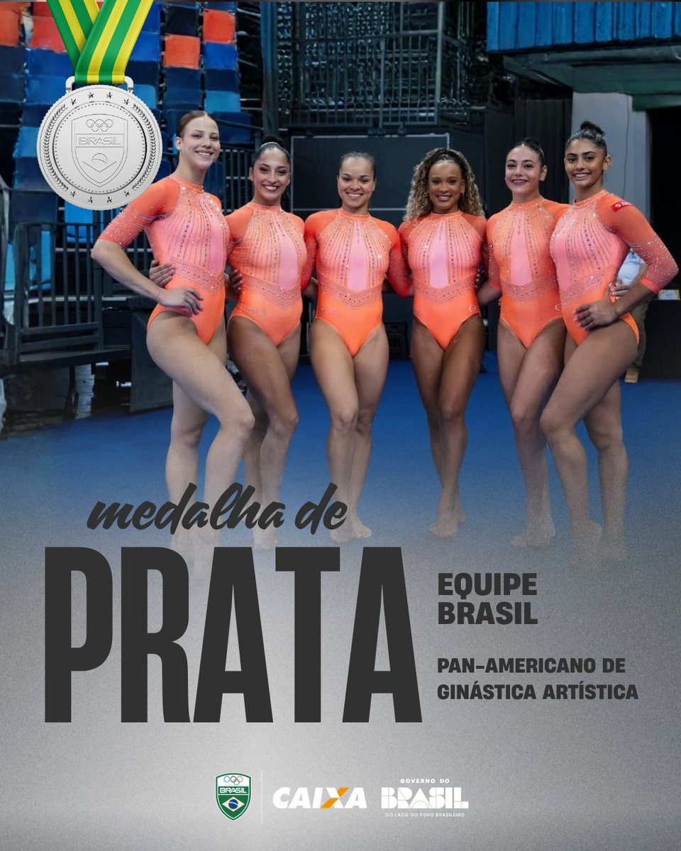 timebrasil's tweet photo. É PRATA E VAGA NO MUNDIAL PARA O BRASIL! 🥈🇧🇷✨

A equipe brasileira conquistou o segundo lugar por equipes no Pan-Americano de Ginástica Artística e garantiu a classificação para o Mundial de Roterdã! 🤸‍♀️🔥

Rebeca Andrade, Julia Soares, Thaís Fidelis, Sophia Weisberg, Gabriela Bouças e Gabriela Barbosa representaram o Time Brasil com muita força e talento. 👏💚💛

Mais uma grande conquista da nossa ginástica! 🇧🇷

#TimeBrasil #GinásticaArtística #Caixa #Gov