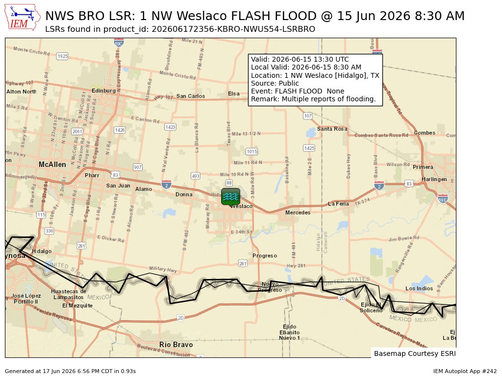 DL_NERV's tweet photo. [Delayed Report] On Jun 15, at 8:30 AM CDT, 1 NW Weslaco [Hidalgo Co, TX] Public reports Flash Flood. Multiple reports of flooding. #txwx https://t.co/TTaZhS6zjI https://t.co/7hi7YmE4m6