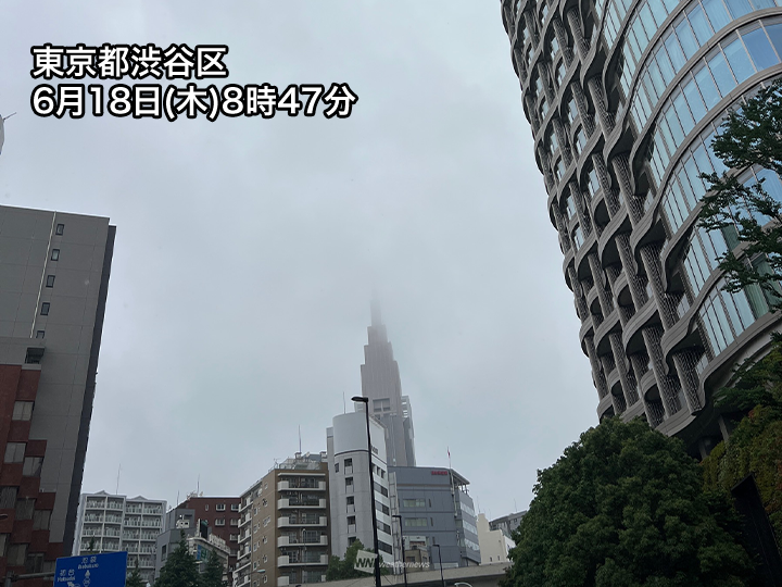 wni_jp's tweet photo. ＜関東は雨の朝＞
今日18日(木)の関東は梅雨前線上を進む低気圧の影響で、南部を中心に本降りの雨になっています。
昼前には雨が止むものの、午後も急な雨の可能性があるため油断はできません。
https://t.co/YrebCF2jfB https://t.co/oF6Q2hlbQi
