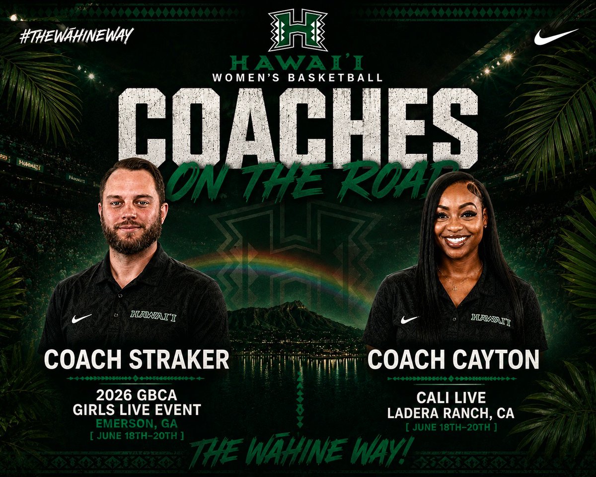 HawaiiWBB's tweet photo. '𝐁𝐨𝐰𝐬 𝐨𝐧 𝐭𝐡𝐞 𝐑𝐨𝐚𝐝 ✈️

The newest members of the coaching staff will be looking for future 'Bows in Georgia and SoCal this week.

#GoBows #TheWahineWay https://t.co/AOqPoqsOsP