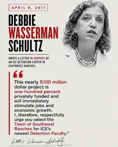 iElijahManley's tweet photo. As a member of the Judiciary Committee, @DWSTweets backed a 1,500-bed ICE detention center in Southwest Ranches and later defended it as an "important economic driver." 
Then she took over $20,000 from the private prison industry. You can't claim to stand with immigrants while helping expand immigrant detention. The record speaks for itself. #FL20Debate