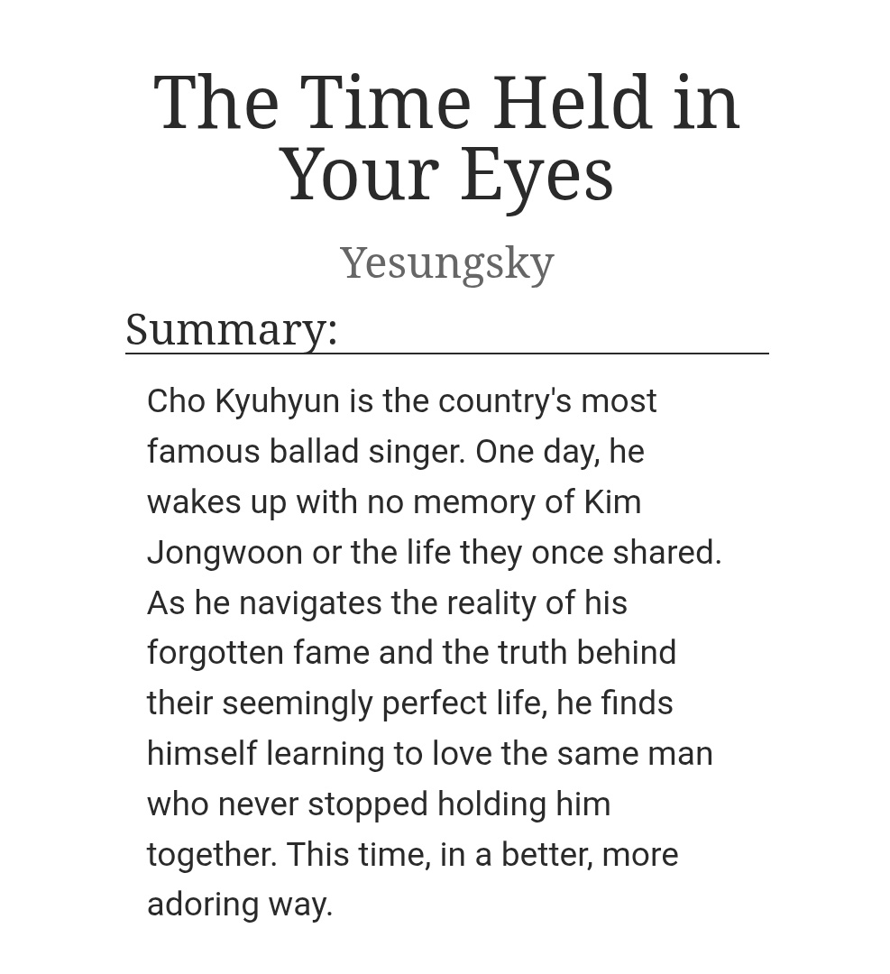 yesungsky's tweet photo. #kyusung—The Time Held in Your Eyes 🩶 

Kyusung amnesia AU. 

Ch 1. Unseen (The Missing Years)

"Kyuhyun woke up to a pretty stranger by his side, who turned out to be his long time lover." 

https://t.co/Echop6O5oQ https://t.co/trVEQLkYwT