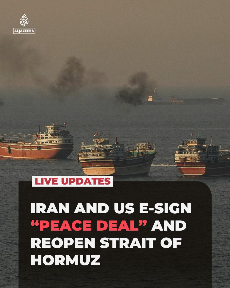 AJEnglish's tweet photo. US President Trump and Iran’s Masoud Pezeshkian have electronically signed a "peace deal" to end the US-Israel war on Iran, which has led to the reopening of the Strait of Hormuz.

🔴 Follow our LIVE coverage: https://t.co/SOOjAW2Fo7 https://t.co/az65uI8zet