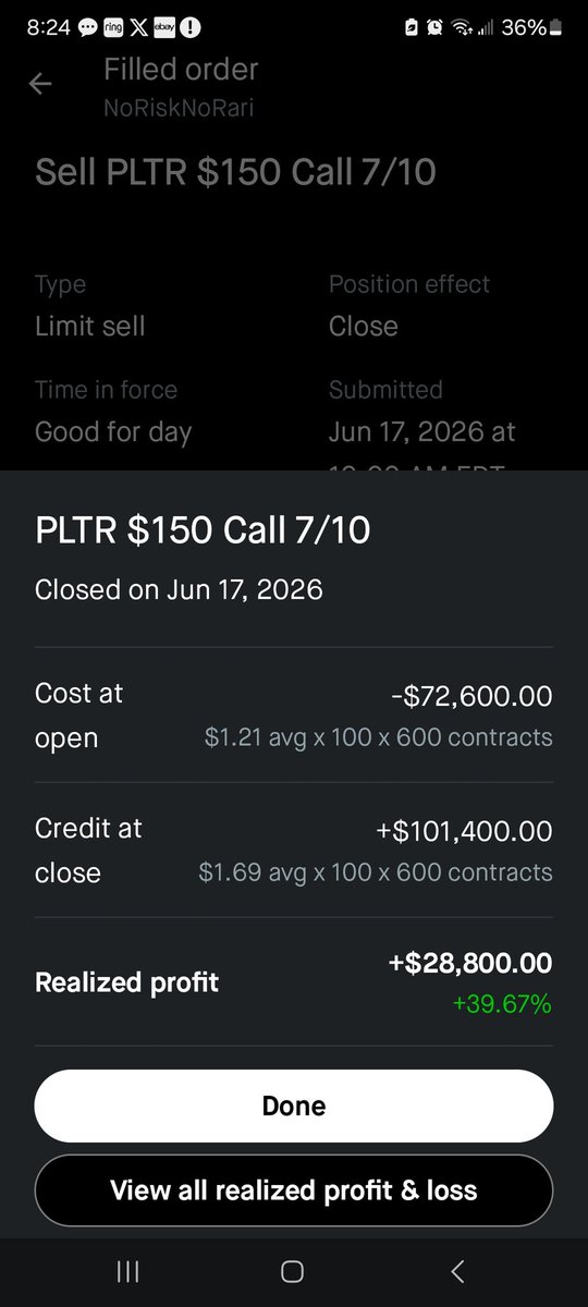 gr8_ivan's tweet photo. The problem with  traders is that  they get  greedy
I made 40%  almost $29,000in less them 30 minutes with these $PLTR calls
I was looking at the simulate my return feature  if palantir would hit $160 by the 10 of July I'd be up over $1m 
Instead of chasing a homerun I followed my plan and sold on the run up for the fed meeting with a solid base hit