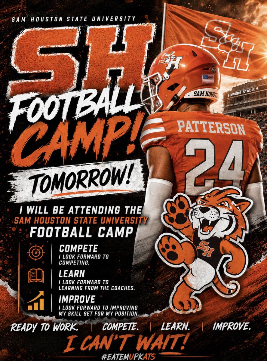 DevinPatterson_'s tweet photo. Can’t wait to be at Sam Houston tomorrow working with @CoachToneW! Ready to compete and learn more about the program. @BearkatsFB @znpatterson @CoachPhilLongo @CoachVardeman @CoachMConrad @CoachMLeonard @CoachPatt_2120 @RRCRFootball https://t.co/62HY6XyKc4