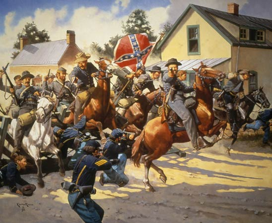 EchoesofWarYT's tweet photo. Two weeks before Gettysburg, the most important question in America was painfully simple.

Where is Lee's army going.

On June 17, 1863, Union cavalry tried to force an answer. They pushed toward Jeb Stuart's screen of horsemen, the human curtain hiding Lee's entire army as it slid north toward Pennsylvania. At a tiny crossroads town called Aldie, Virginia, they hit that curtain hard.

What followed was hours of brutal, close range cavalry fighting.

Men slashed at each other with sabers in the streets, along stone walls, and across open hayfields. Horses went down everywhere. It was loud, personal, and savage, the kind of fight where you can see the other man's face.

Neither side could claim a clean win. But Stuart held the line and kept Lee's movements hidden a little longer.

Aldie was a warning shot. The storm was coming at Gettysburg, and it proved the Union cavalry was finally ready to go toe to toe with the best horsemen the South had.
