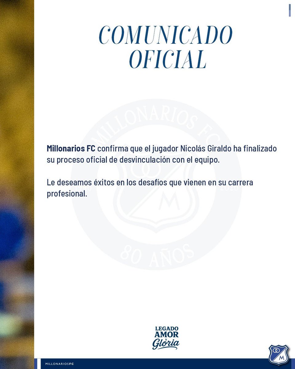 MillosFCoficial's tweet photo. ▶️ Comunicado Oficial Nicolás Giraldo https://t.co/xjnZjWXWTJ