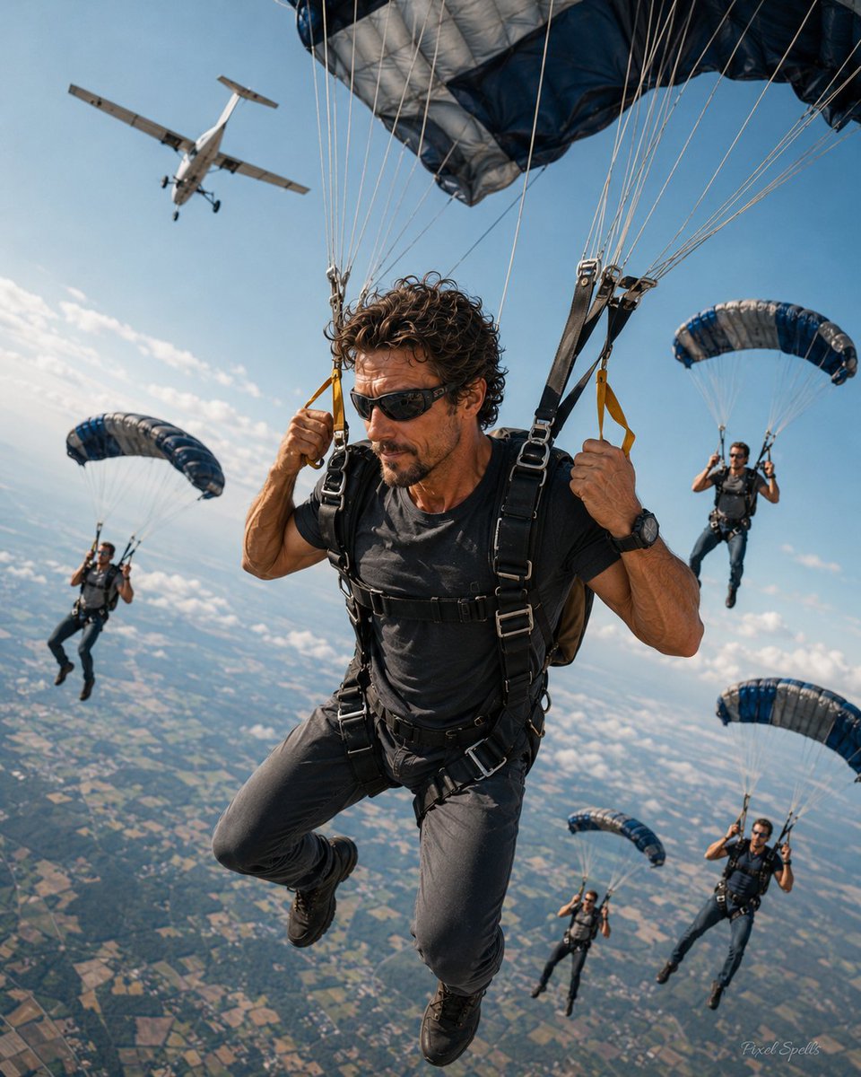 PixelSpellbook's tweet photo. The lesson becomes the leap.

High above the world, Josh McCormick leads the descent — surrounded by open skies, open parachutes, and the rush of doing what he was born to do.

#RisingStarMagazine #PixelSpells #SkyHigh #AIPhotography #FictionalFeature https://t.co/TUGOEaWsEm