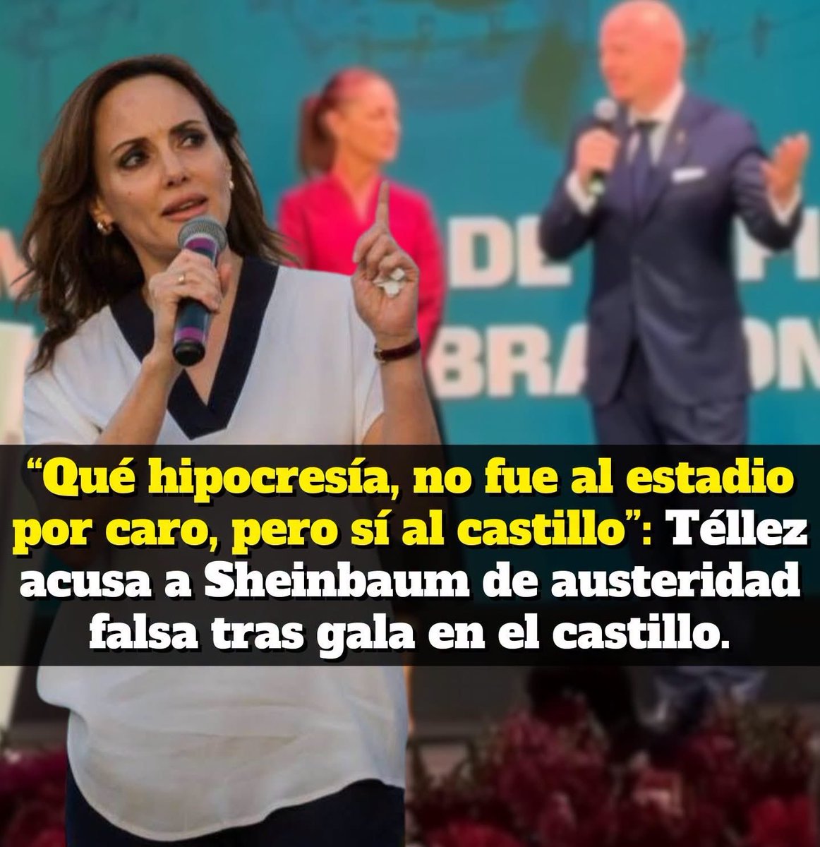 VigiaCiudadano7's tweet photo. Lilly Téllez arremete contra Claudia Sheinbaum y la acusa de hipocresía.

La senadora Lilly Téllez acusó a la presidenta Claudia Sheinbaum de hipocresía tras su ausencia en la inauguración del Mundial. Recordó que Sheinbaum justificó no ir al estadio porque los boletos eran caros y no necesitaba “codearse arriba”, pero sí asistió a la cena de gala en el Castillo de Chapultepec.

“Qué hipócrita es usted, presidenta Sheinbaum”, lanzó Téllez.

La senadora señaló el contraste: mientras la presidenta afirma que debe estar con el pueblo, acudió a un evento exclusivo en un castillo, rodeada de políticos y personajes del poder, y disfrutó de un concierto privado de Alejandro Fernández.

“Fue al Castillo de Chapultepec a brindar y a cenar de lujo, mientras las madres buscadoras rogaban que las escucharan”, criticó.

Téllez también reprochó que el gobierno enviara comisiones y policías en lugar de atender directamente a las familias de desaparecidos, y que se investigue a quienes apoyan a las madres buscadoras en vez de perseguir a los responsables de las desapariciones.

“Dice que Morena es humanismo, pero se le cae la máscara y solo queda la cara de la hipocresía”, remató.

#Morena #ClaudiaSheinbaum #LillyTellez #Mundial #FIFA #Mexico