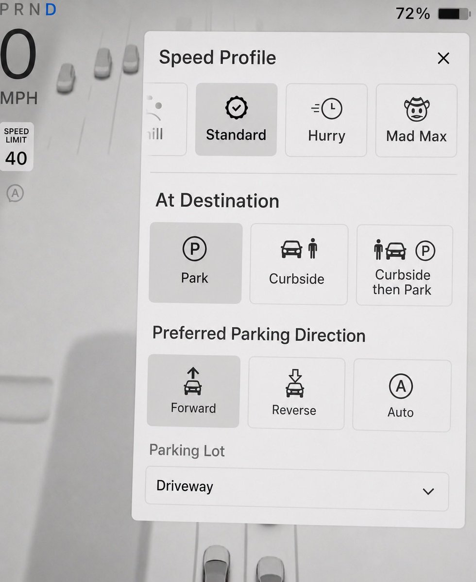 KrustyDehClown's tweet photo. @elonmusk @t_blom Something like this would be great too. “Curbside then park” means navigate curbside/pull over but keep the navigation destination and automatically change it to park so you can tap the start self driving button after dropping off a passenger. https://t.co/7FLpj5Voq8
