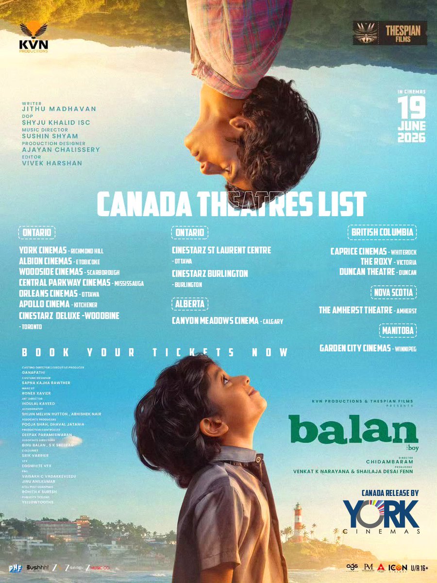 yorkcinemas's tweet photo. A boy. A dream. A journey❤️

Balan: The Boy releases across Canada on June 19, 2026.

Here is the theatre's list of canada.

Canada release by York Cinemas 

🎟️ Book your tickets now

#balantheboy #yorkcinemas #Incinemasjune19 #malayalam #explore https://t.co/298rmlZLNb