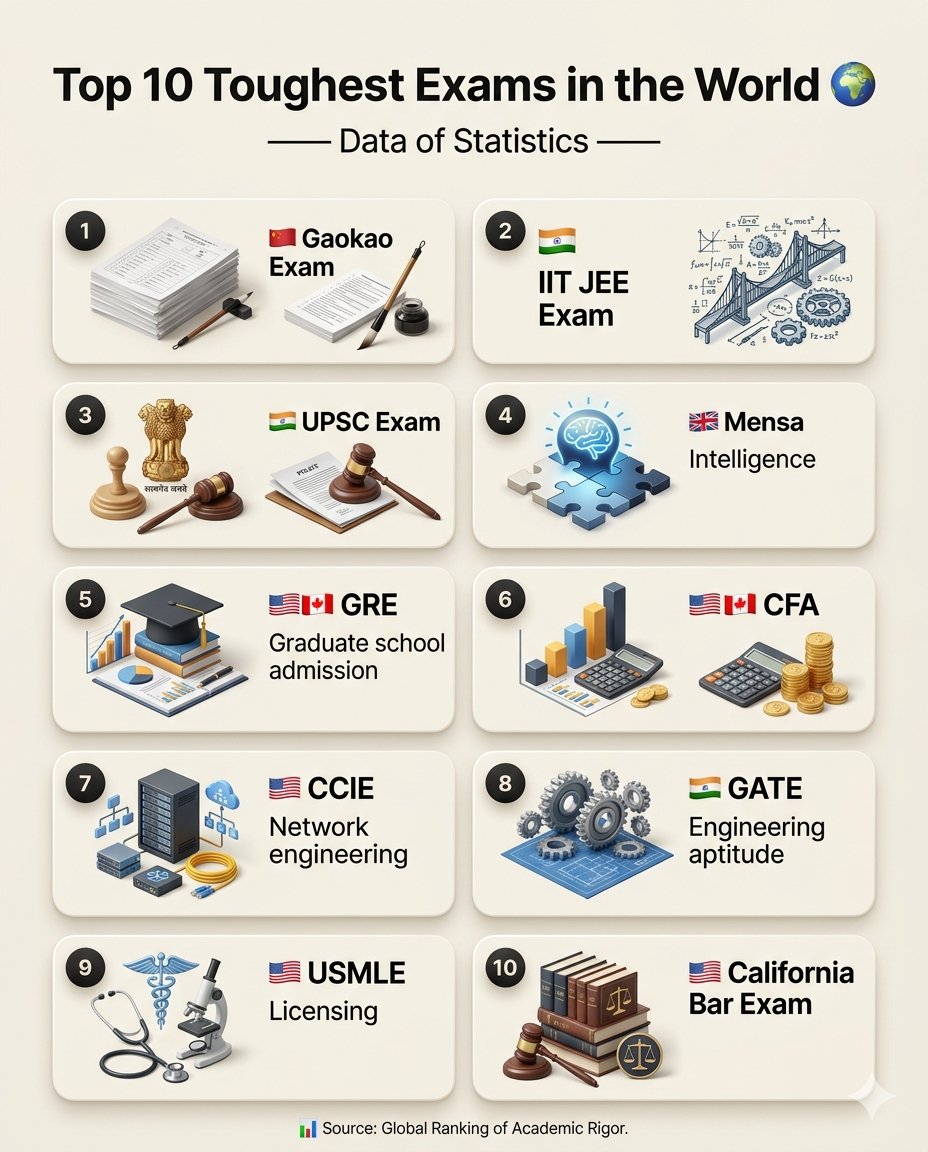 DataOfStats's tweet photo. Top 10 Toughest Exams in the World 🌍 

1. 🇨🇳 Gaokao Exam
2. 🇮🇳 IIT JEE Exam
3. 🇮🇳 UPSC Exam
4. 🏴󠁧󠁢󠁥󠁮󠁧󠁿 Mensa
5. 🇺🇸🇨🇦 GRE
6. 🇺🇸🇨🇦 CFA
7. 🇺🇸 CCIE
8. 🇮🇳 GATE
9. 🇺🇸 USMLE
10. 🇺🇸 California Bar Exam

📊 Source: Global Ranking of Academic Rigor. https://t.co/B75fDceT4i