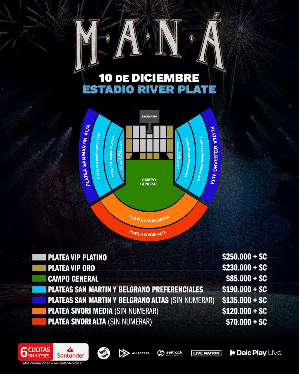 RecitArg's tweet photo. Maná Vivir Sin Aire Tour en River!

🪑 Ubicaciones y precios 
Campo VIP Platino (numerado) $ 250.000
Campo VIP Oro (numerado) $ 230.000
Campo General (de pie) $ 85.000
Plateas Preferenciales (numerado) $ 190.000
Platea Alta (sin numerar) $ 135.000
Platea Sivori Media (sin numerar) $ 120.000
Platea Sivori Alta (sin numerar) $ 70.000

📅 10 de Diciembre
🏟️ Estadio River Plate
🎟️ Entradas en https://t.co/K9GpUlGwZT

💳 Preventa Santander crédito y débito: 18/6 a las 14h.
👉🏻 Venta General con todos los medios de pago 19/6 a las 14h