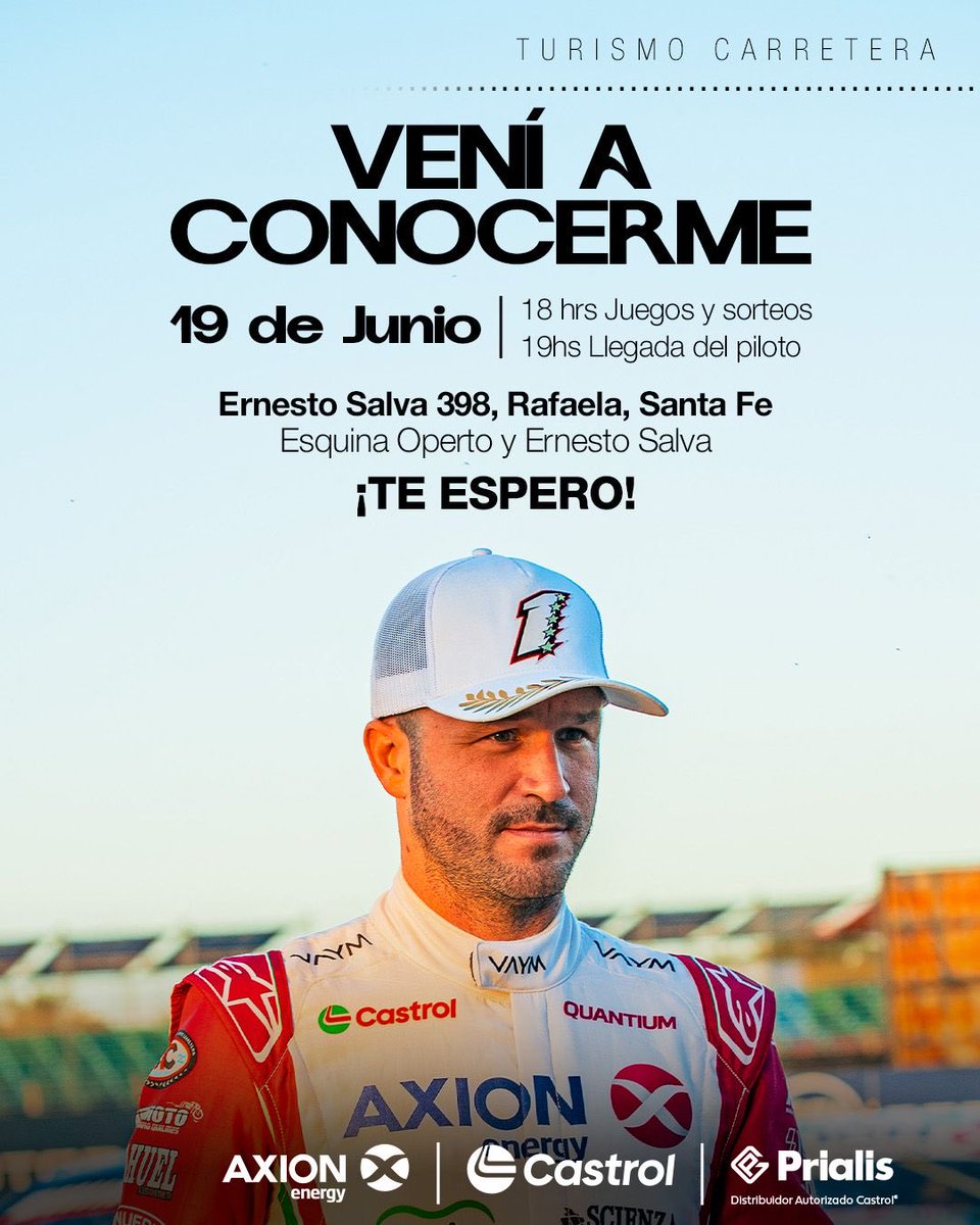 AgustinCanapino's tweet photo. ¡Rafaela, nos vemos este Viernes 19 de junio! 🙌🏁

Los espero en la esquina de Ernesto Salva 398 para compartir un lindo momento, con juegos, sorteos y un gran encuentro con todos ustedes.

A las 18 hs arrancan las actividades y a las 19 hs estaré llegando para saludarlos, sacarnos fotos y vivir juntos la previa del Turismo Carretera.

Gracias a AXION energy, Castrol y Prialis por hacerlo posible.

¡Los espero a todos! 💪🔥

#TurismoCarretera #Rafaela #AxionEnergy #Castrol #Prialis