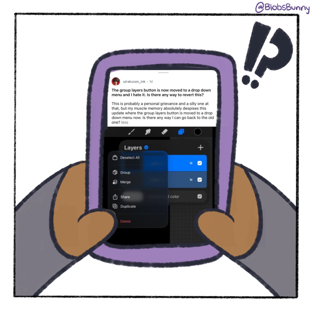 blobsbunny's tweet photo. the newest procreate update really had me doubting myself and the darn layer grouping button 🫩😭 https://t.co/zQrKtVfPEt