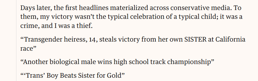 EKaht's tweet photo. These are the headlines you're calling "vicious attacks"? Most of them are charitable. The first one indulges the fantasy that you're a girl. The second endorses trans ideology by implying that there's a "non-biological" way to be a given sex. The third is neutral and factual. https://t.co/NWKAA47nB4