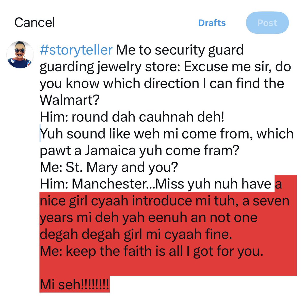 nadinewilliams's tweet photo. #storyteller Me to security guard guarding jewelry store: Excuse me sir, do you know which direction I can find the Walmart?
Him: round dah cauhnah deh
Yuh sound like weh mi come from, which pawt a Jamaica yuh come fram?
Me: St. Mary &amp; you
Him: Manchester…#Jamaicans in #Canada https://t.co/l18BiWVTYD