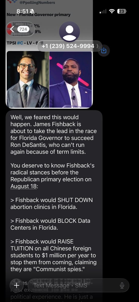 jflojr's tweet photo. @j_fishback 
Just got this text.  Fuckers are starting to sweat.  Keep it up Jimbo

Well, we feared this would happen. James Fishback is about to take the lead in the race for Florida Governor to succeed Ron DeSantis, who can't run again because of term limits. https://t.co/gyhbA4YYXF