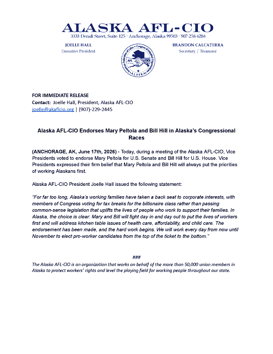 AKAFLCIO's tweet photo. Today, during a meeting of the Alaska AFL-CIO, Vice Presidents voted to endorse @MaryPeltola for U.S. Senate and @BillHillAK for U.S. House. 

Vice Presidents expressed their firm belief that Mary Peltola and Bill Hill will always put the priorities of working Alaskans first. https://t.co/OZYFOXdw0m