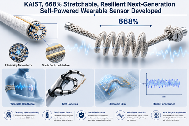 kaistpr's tweet photo. 🚀Researchers led by Professor Miso Kim have developed a self-powered piezoelectric fiber sensor that stretches up to 668% while maintaining stable signals. #KAIST #WearableTechnology #SelfPoweredSensor https://t.co/tC0AgDU58p