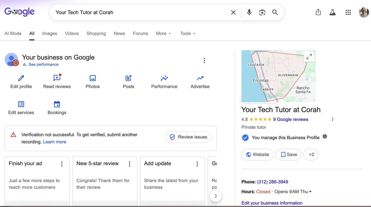sergi_bosch's tweet photo. #smallbiz trying to get verified as an SAB on GoogleBusiness? @GoogleMyBiz #verification will accept pdfs, but not a pdf business card🤯! Must be printed out!!🤪Also: Safari on iPhone not supported—need Chrome desktop because of popup chat. #Nightmare cont'd, ongoing 16 months😞 https://t.co/1a0kS3GMUA