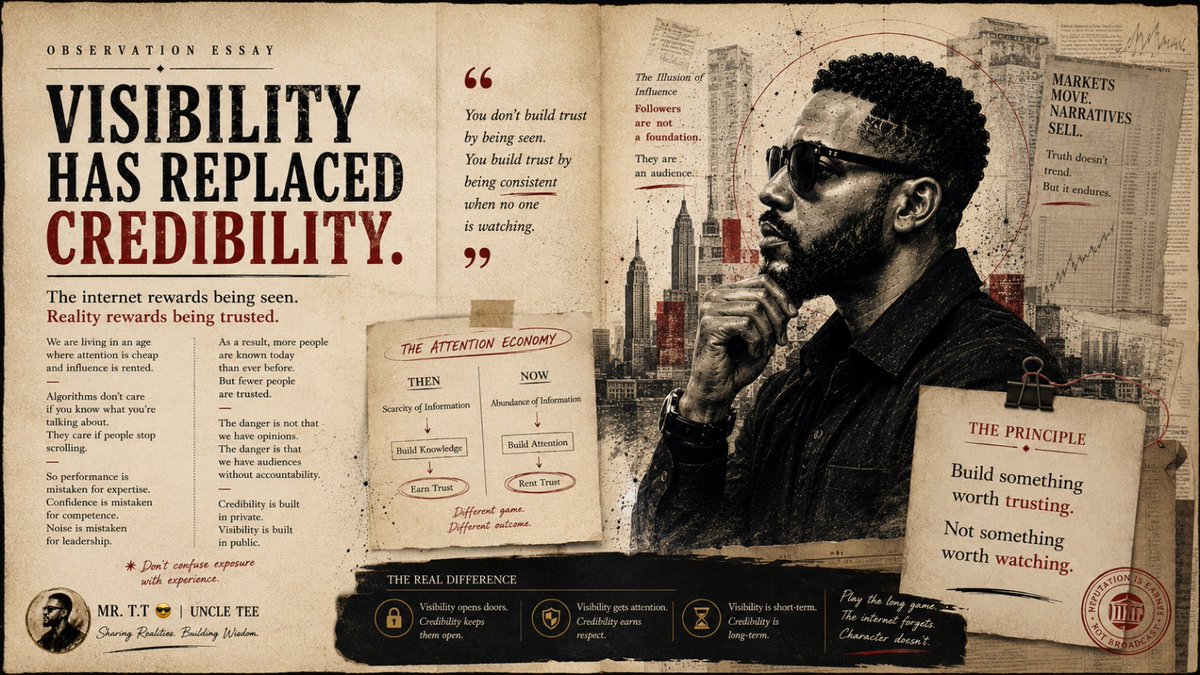 UncleTee78's tweet photo. The internet rewards being seen.
Reality rewards being trusted.

These are different games.
Visibility opens doors.

Credibility keeps them open.
Build something worth trusting.

Not something worth watching.

— Mr. T.T 😎 https://t.co/UgD0MyOf3Q