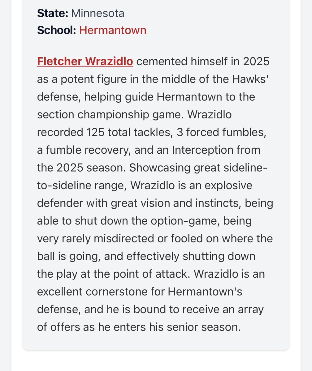 Fletcherwrazio's tweet photo. Thank you @PrepRedzoneMN @OJW_Scouting  for the write up‼️@HermantownFB @carsonschulte38 https://t.co/40SaVxWlpA
