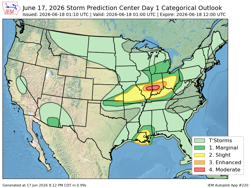 iembot_spc's tweet photo. The Storm Prediction Center issues Day 1 Convective Outlook (Max Risk: Moderate) at Jun 18, 1:10z https://t.co/OhCcuGw4qF https://t.co/JB1Ed21J3c