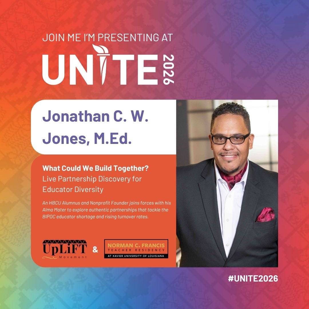 UpLIFTMov's tweet photo. Big news 🎉 Our Executive Director, is presenting at @UNCF, UNITE alongside the Norman C. Francis Teacher Residency at @XULA1925, his alma mater.
25 years after walking through Xavier’s gates as a student, he’s bringing it full circle. 🎓
#UNITE2026 #UpLiFTMovement #HBCU https://t.co/vbZq7KTRRI