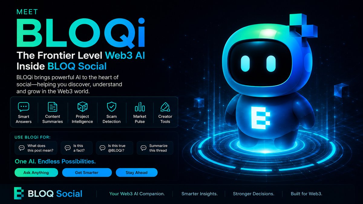 BloqSocial's tweet photo. INTRODUCING BLOQi

Meet BLOQi — the frontier-level Web3 AI built directly inside BLOQ Social.

BLOQi is designed to help users move smarter through Web3 by understanding posts, summarizing threads, analyzing projects, detecting risks, tracking trends, researching topics, and creating better content inside the BLOQ Social ecosystem.

Ask BLOQi things like:

💬 “What does this post mean?”
✅ “Is this a fact?”
🔎 “Is this true, @BLOQi?”
🧠 “Summarize this thread.”
📊 “What’s happening in DeFi?”
🛡️ “Check this address for risks.”
🚀 “Help me create and grow.”

BLOQ Social is The Social Layer of Web3.
BLOQi is the intelligence layer inside it.

This represents a major leap forward in our capabilities across Krown and BLOQ Social as we continue building smarter, safer, and more powerful tools for the Web3 community.

The future of Web3 social needs intelligence, context, security, and speed.
That’s BLOQi.
🌐 https://t.co/Cin7wcIhJ3

#BLOQi #BLOQSocial #Web3 #AI #Crypto #Blockchain #DeFi #SocialLayer #Web3AI #SocialMedia #Onchain #krownnetwork #krowntechnologies