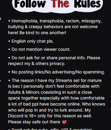 NerdyBeeee's tweet photo. Decided to add an explanation in my rules as to why my streams are set for mature. 

My content tbh isn't really that inappropriate. I play a lot of cozy games, I cuss here &amp; there like most, &amp; yeah I throw in a dirty joke from time to time https://t.co/dcZQOdQ4Yp