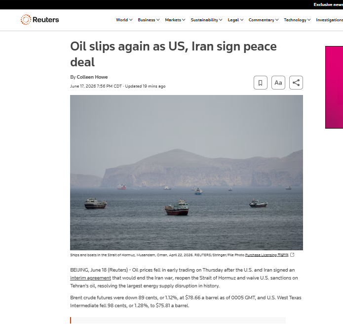 anasalhajji's tweet photo. Oil slips again as US, Iran sign peace deal

"Oil prices fell in early trading on Thursday after the U.S. and Iran signed an interim agreement that would end the Iran ​war, reopen the Strait of Hormuz and waive U.S. sanctions on ‌Tehran's oil, resolving the largest energy supply disruption in history.
Brent crude futures were down 89 cents, or 1.12%, at $78.66 a barrel as of 0005 GMT, and U.S. West Texas Intermediate ​fell 98 cents, or 1.28%, to $75.81 a barrel."