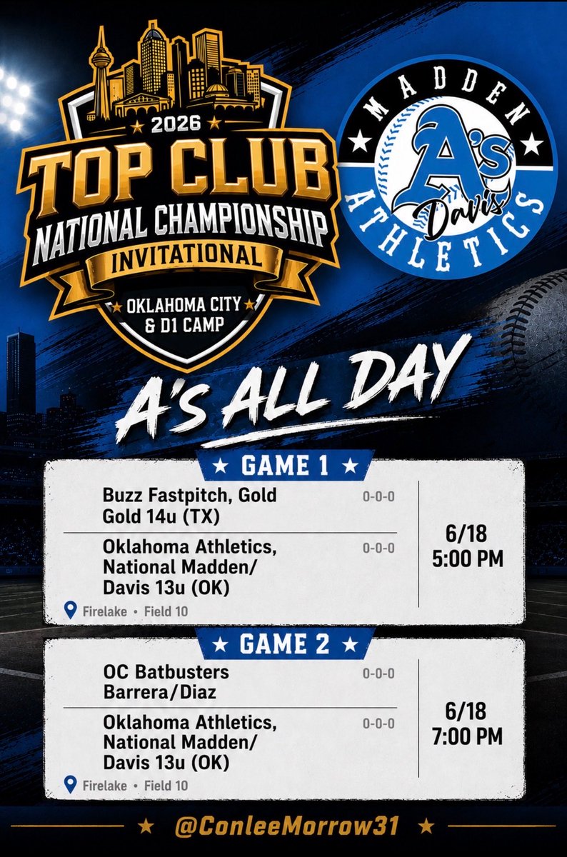 ConleeMorrow31's tweet photo. Here is our @OKAthleticsAcad game schedule tomorrow @TCNfastpitch. See you on the 🥎 turf tomorrow. https://t.co/e3sr74l1Rw
