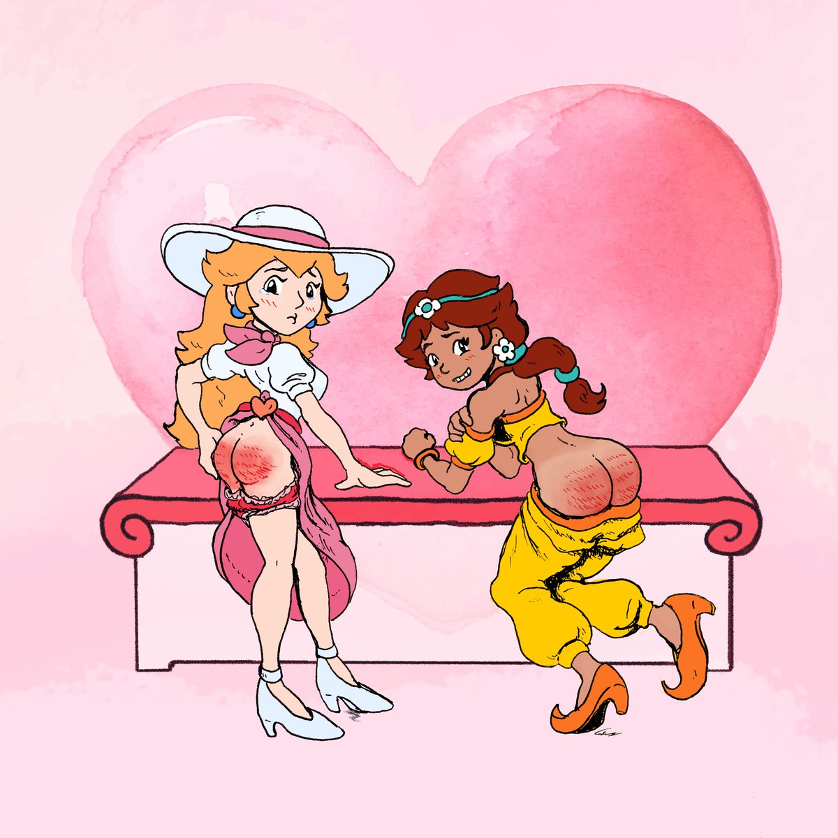 YuMaySpankIt's tweet photo. Peach and Daisy get in trouble. Drawn by me, to illustrate my fan fiction "Bowser's Princess Lessons." https://t.co/GFjWqbbi6d