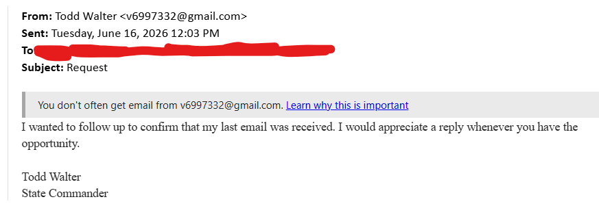 pierson_pat's tweet photo. @gmail mind deleting account v6997332[@]gmail[.]com its out here trying to scam veterans. @VFWHQ for your S/A. https://t.co/hvlUrmymk6