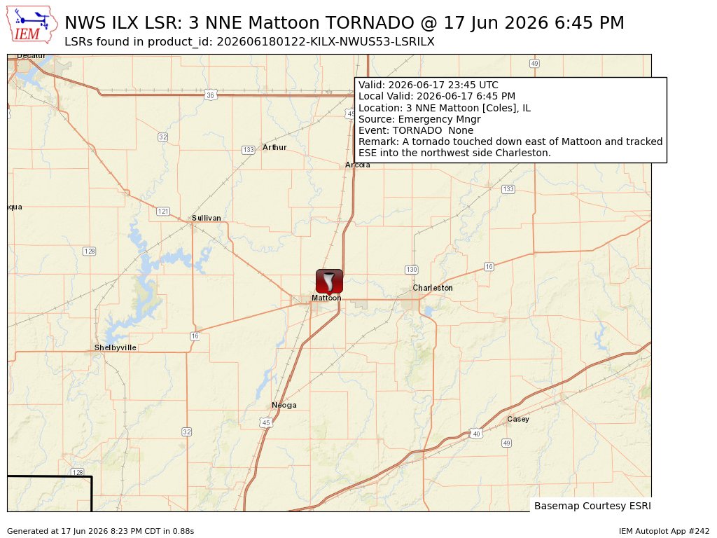 DL_NERV's tweet photo. At 6:45 PM CDT, 3 NNE Mattoon [Coles Co, IL] Emergency Mngr reports Tornado. A tornado touched down east of Mattoon and tracked ESE into the northwest side Charleston. #ilwx https://t.co/Eg99BSMUT8 https://t.co/ANIv6U2BAt