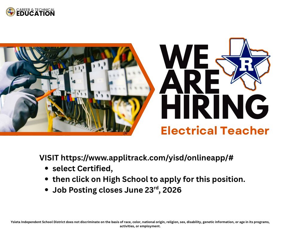 YsletaISDCTE's tweet photo. Join our YISD CTE Family as an Electrical Teacher at Riverside High School! Visit  https://t.co/ZTQPwIBRrb  &amp; help power the next generation of skilled professionals! Apply today! @YsletaISD @OurCareerCenter @CareerCenterCos @Riverside_4ever @ESCRegion19 https://t.co/FDj6vtwxzE