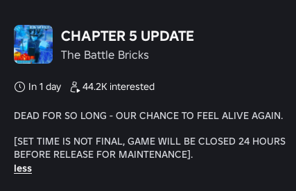 TBBleaksandnews's tweet photo. CHAPTER 5 IS TOMORROW!

Reminder that the maintenance will last for 24 hours before Chapter 5's release instead of the previous 1 hour maintenance! Also the set time isn't final as well. https://t.co/m60aYqvwHU