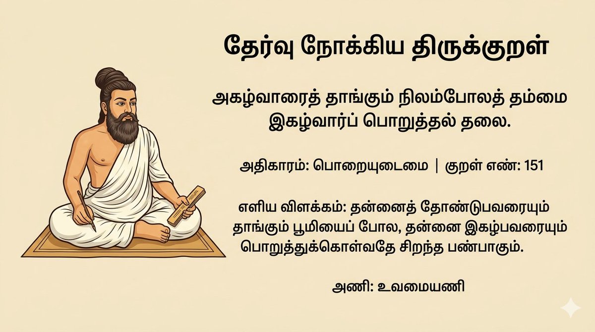 Tnpsc_Maanavan's tweet photo. தினம் ஒரு திருக்குறள்..📖

🌟 அகழ்வாரைத் தாங்கும் நிலம்போலத் தம்மை
இகழ்வார்ப் பொறுத்தல் தலை. 

➡️ அதிகாரம்: பொறையுடைமை
➡️ குறள் எண்: 151
➡️ இயல்: இல்லறவியல் 

#TNPSC
#TnpscMaanavan 
#Thinam1thirukkural https://t.co/R6Inz6xe5d