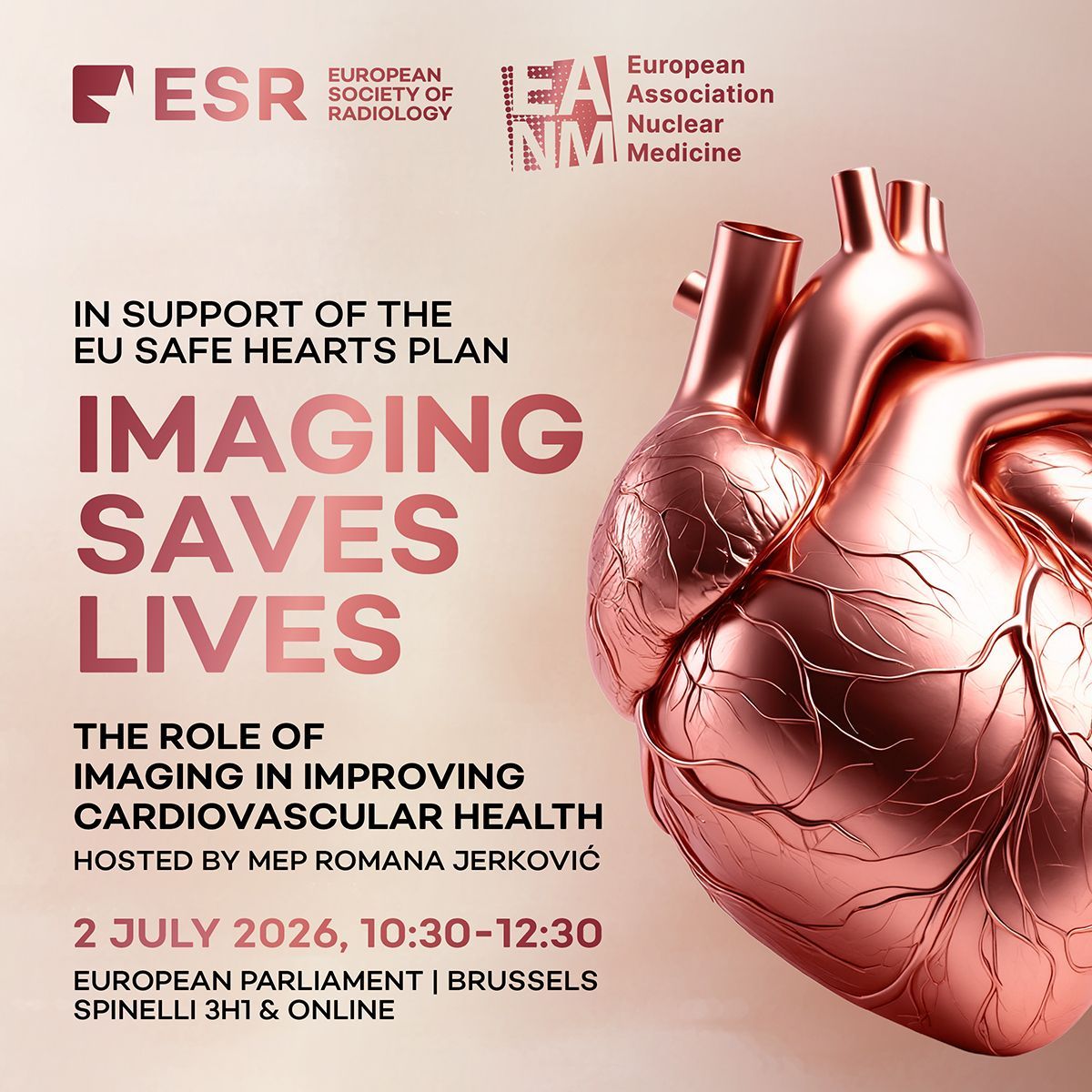 myESR's tweet photo. Join the European Society of Radiology (ESR) and the European Association of Nuclear Medicine (EANM) for "Imaging Saves Lives: The Role of Imaging in Improving Cardiovascular Health" on 2 July, 10:30–12:30 CEST.

📍 European Parliament, Brussels
💻 Online participation available

Hosted by MEP Romana Jerković, this high-level event will bring together policymakers, healthcare professionals, patient representatives, and key stakeholders to discuss how medical imaging can strengthen prevention, improve diagnosis, and enhance treatment pathways for cardiovascular disease.

🔍 Key topics include:
✅ Early detection and screening
✅ Innovation in medical imaging
✅ AI and digital health solutions
✅ The EU Safe Hearts Plan
✅ Patient-centred cardiovascular care

🌍 Be part of the conversation shaping the future of cardiovascular health in Europe.

📅 2 July | 10:30–12:30 CEST
📍 Brussels & Online
🔗 Find out more & register here: https://t.co/wivy1INqOx