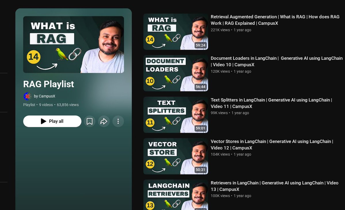DanKornas's tweet photo. RAG Playlist

What you will learn:
- Retrieval Augmented Generation
- Document Loaders in LangChain
- Text Splitters in LangChain
- Vector Stores in LangChain
- Retrievers in LangChain
- YouTube Chatbot using LangChain
- RAG using LangGraph
- Advanced RAG: How Corrective RAG (CRAG) Solves Traditional RAG Problems
- Self-RAG : How to Make Your AI Fact-Check Itself

Link is in the first comment 👇

♻️ Share this with your network if you found it useful or insightful.