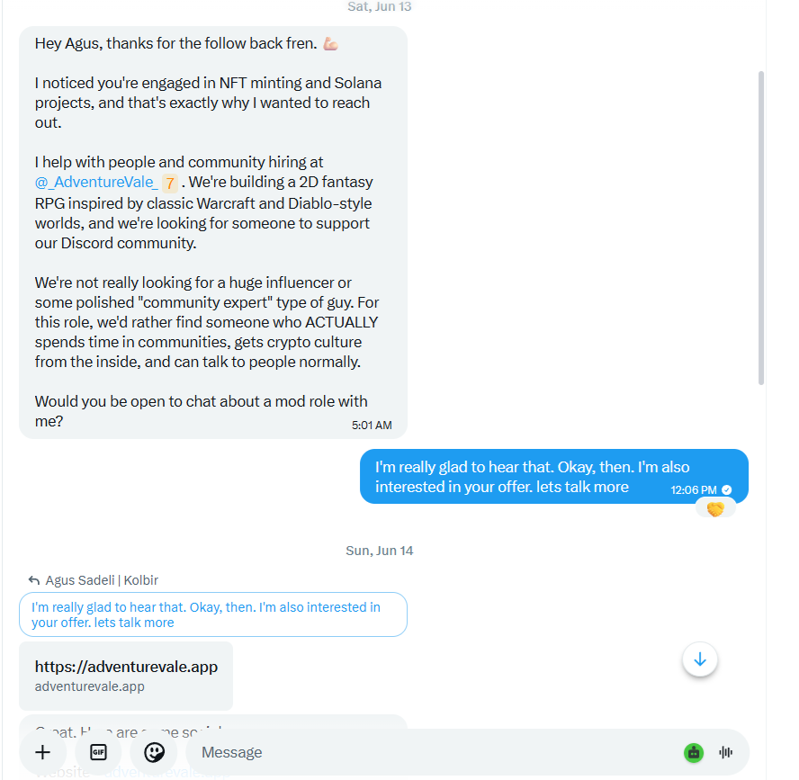 binxcrypto's tweet photo. I’m in a pretty bad financial situation right now, and I almost became a target of what looked like a Web3 job scam.

It started after I posted a tweet about NFTs. Someone reached out and offered me a moderator role for a crypto project.

The pay was $750 per week for only 2–3 hours of work per day.

Honestly, that sounded very tempting. I was skeptical at first, but because of my situation, I still decided to hear them out.

On June 16, I started talking to someone on Discord with the username whitmorexbt. His X account was @whitmorexbt with a bio saying things like Angel Investor, Ex-Polygon, project founder, and so on.

From the beginning, I was already being careful because I couldn’t really find authentic verified followers. But because of my financial situation, I kept the conversation going.

He asked me what device I use, my experience working with P2E projects, my timezone, and a few other details. He also sent me a PDF with the moderator job rules.

I answered honestly. After some time, he said I could do a 1 week trial first, and if I liked it, I could continue permanently.

Then on June 17, he asked me to provide a game code and told me to install their game app.

That was the moment I started thinking twice.

Something felt off.

After checking comments on X, some replies from other people, and the posts above, it looked like my suspicion was not baseless.

I didn’t continue because I didn’t want to risk installing something that could potentially contain a keylogger, malware, or anything that could put my wallets and device at risk.

I’ll share the proof in the replies so more people can be careful.

Special thanks to @clorinn 

I read your tweet about @echoesvalor_rpg and that’s what made me stop before going further.

If I hadn’t seen it, this story could’ve ended very differently.

I’m not writing this for drama. I just hope this tweet can help someone else be more careful, especially people who are also going through a hard financial situation.

Because scammers usually know exactly when people are vulnerable.

No matter how hard life gets, please try to stay logical.

If an offer sounds too good, moves too fast, and starts asking you to install something, stop for a moment.

Check again. Ask other people. Look for proof.

Don’t let the need for money make you ignore red flags.

Stay safe.

Proof in reply *