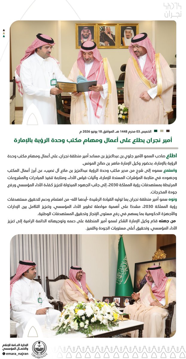 emara_najran's tweet photo. #خبر ||

#أمير_نجران يطّلع على أعمال ومهام مكتب وحدة الرؤية بالإمارة، ويشدد على أهمية مواصلة تطوير الأداء المؤسسي وتعزيز التكامل بين الإدارات والأجهزة الحكومية. https://t.co/4JNkaCD8zW