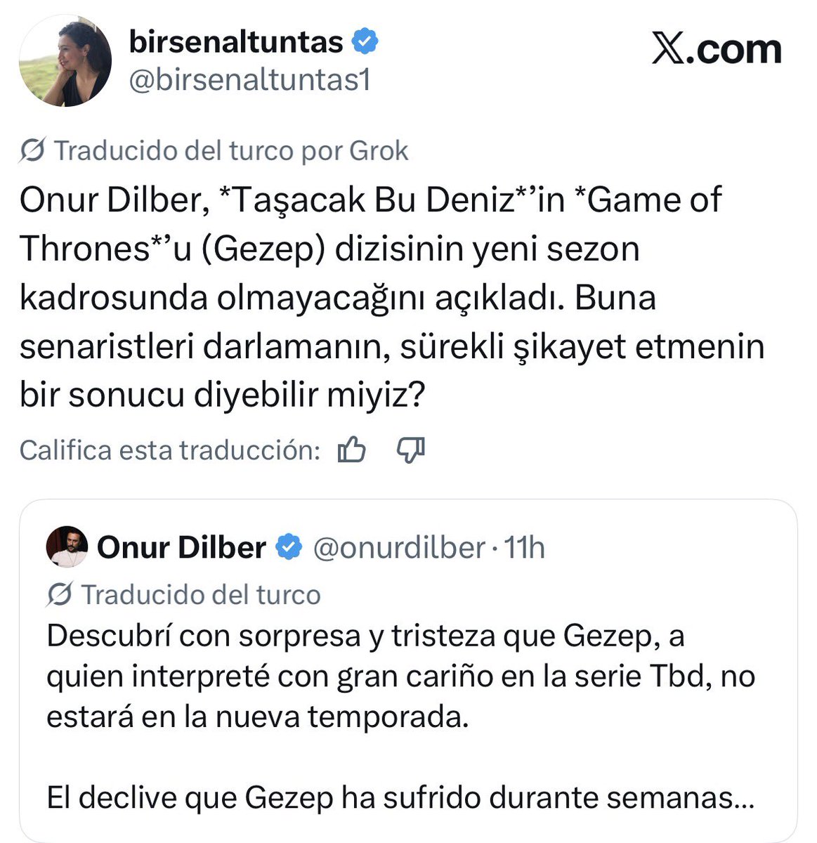 clara_garan's tweet photo. “…. ¿Podríamos decir que esto es consecuencia de haber presionado a los guionistas y de quejarse constantemente?” Criticando a #OnurDilber 

Esta señora es una pagada de la OGM!!! NOKTA!! Ella, que presume de periodista con más de 30 años en la profesión, diciendo esto solo confirma lo que muchas llevamos diciendo es de hace mucho!!! 

Esta declaración ataca a un actor por querer defender a su personaje y su trabajo y solo busca “blanquear” a la productora!! La misma productora de la que promociona y enaltece todas sus series vayan mejor o peor, esa productora a la que no le hace spoiler del capítulo de final de temporada, como hizo con series de productoras “no afines” simplemente porque “le apetecía”, como ella misma respondió al fandom cuando le pidió cuentas. 

Incluso aunque fuese habitual que, si un actor se queja del deterioro de su personaje le expulsen de la serie, sería una práctica que no se puede defender, se tiene que denunciar!! ¿O ella no protestaría si en su trabajo la relegasen a hacer trabajos de becaria? 

En fin… ya la conocemos!! 💶💵💷💸 Ella solita se retrata!! 

#TaşacakBuDeniz