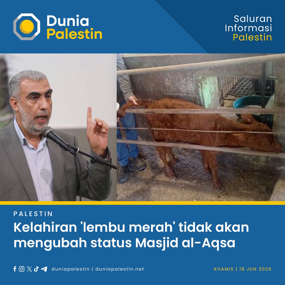 numanmazlan's tweet photo. Timbalan Ketua Gerakan Islam di Palestin 1948, Syeikh Kamal al-Khatib menegaskan bahawa sebarang dakwaan berkaitan kelahiran “lembu merah” yang dianggap signifikan oleh kumpulan agama Yahudi ekstremis tidak akan mengubah kedudukan Masjid al-Aqsa sebagai hak mutlak umat Islam. https://t.co/hkReMWmN4g