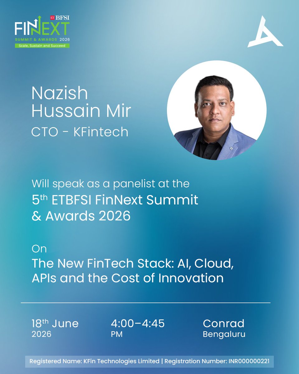 weKFintech's tweet photo. As financial services evolve, the right technology stack is key to driving innovation, scale, and sustainable growth.

We're excited to have our CTO, Mr. Nazish Hussain Mir, join industry leaders at the @ETBFSI FinNext Summit & Awards 2026 to discuss how AI, cloud infrastructure, and APIs are reshaping the future of financial services in an increasingly digital world.

The event is one of India's leading FinTech forums, bringing together industry leaders and innovators to discuss the future of financial services. This year's theme, "Scale. Sustain. Succeed.", focuses on building resilient, future-ready institutions that balance innovation with long-term growth. We look forward to being part of the conversation shaping the future of finance.

#KFintech #ExperienceTransformation #DigitalTransformation #ETBFSIFinNext2026 #FinTech #BFSI #FutureOfFinance #DigitalTransformation #AI #CloudComputing #APIs #FinTechInnovation #Technology #FinancialServices #Leadership #FinTechLeadership