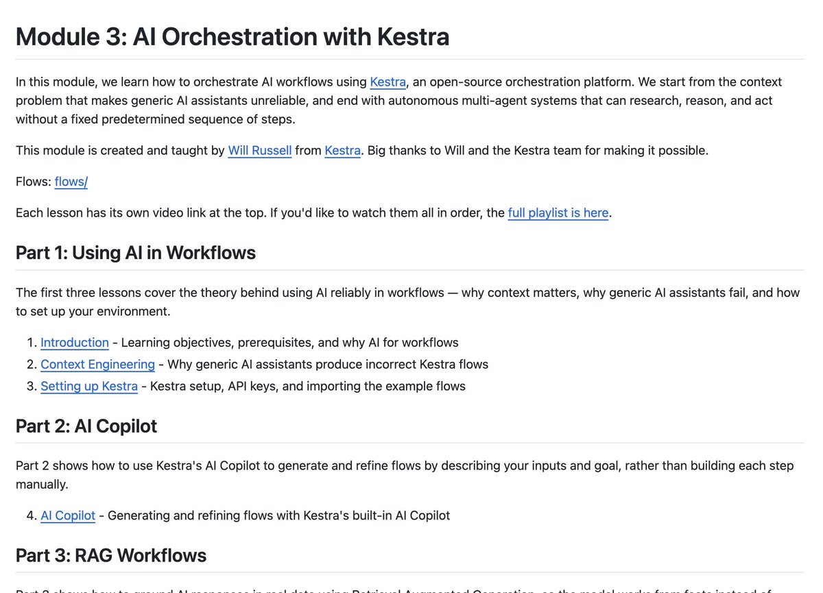 Course page for an AI orchestration module with lessons on context engineering, setup, and AI Copilot workflows in Kestra