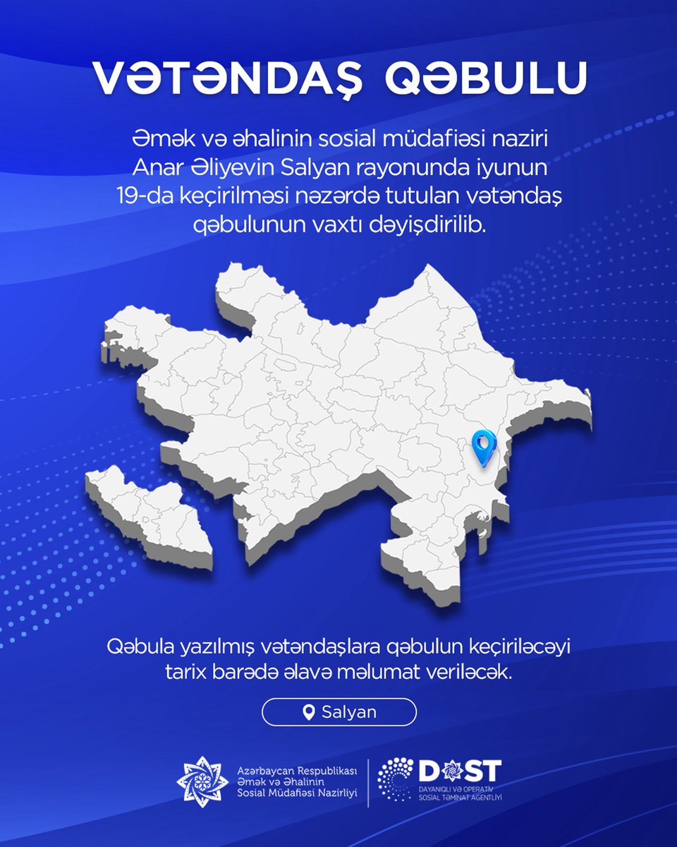 dostagentliyi's tweet photo. ❗️❗️ Nazir Anar Əliyevin Salyan rayonunda iyunun 19-da keçirilməsi nəzərdə tutulan vətəndaş qəbulunun vaxtı dəyişdirilib. 

ℹ️ Qəbula yazılmış vətəndaşlara qəbulun keçiriləcəyi tarix barədə əlavə məlumat veriləcək.

➡️ https://t.co/e1mna9JBxG

#ƏƏSMN #VətəndaşQəbulu https://t.co/egbGRG2B0E